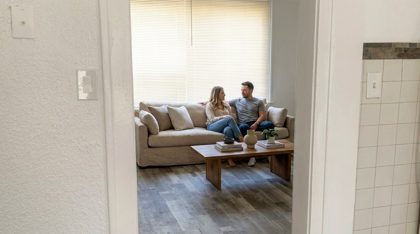 Couple relaxing on linen couch