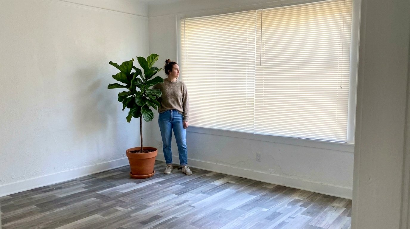 Bright bedroom with large window, plant, and natural light