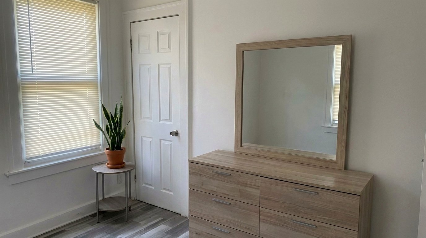 Bedroom with dresser, mirror, and plant